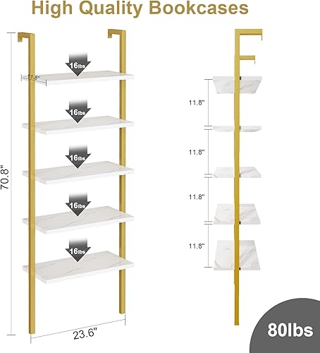 Miniatura 2 de DKLGG Estantería para montar en la pared, 2 estanterías industriales de escalera, estante de 5 niveles montado para libros con marco de metal,