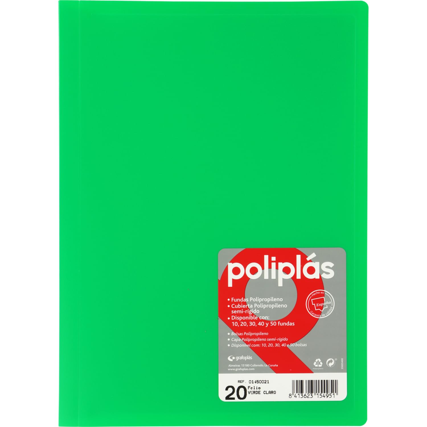Grafoplas I Classeur avec pochettes en plastique I 20 pochettes transparentes I Format DIN A4 Vert I Série Polyplas Opaque I Fabriquées en Espagne I Couvercles flexibles I Grande capacité de rangement