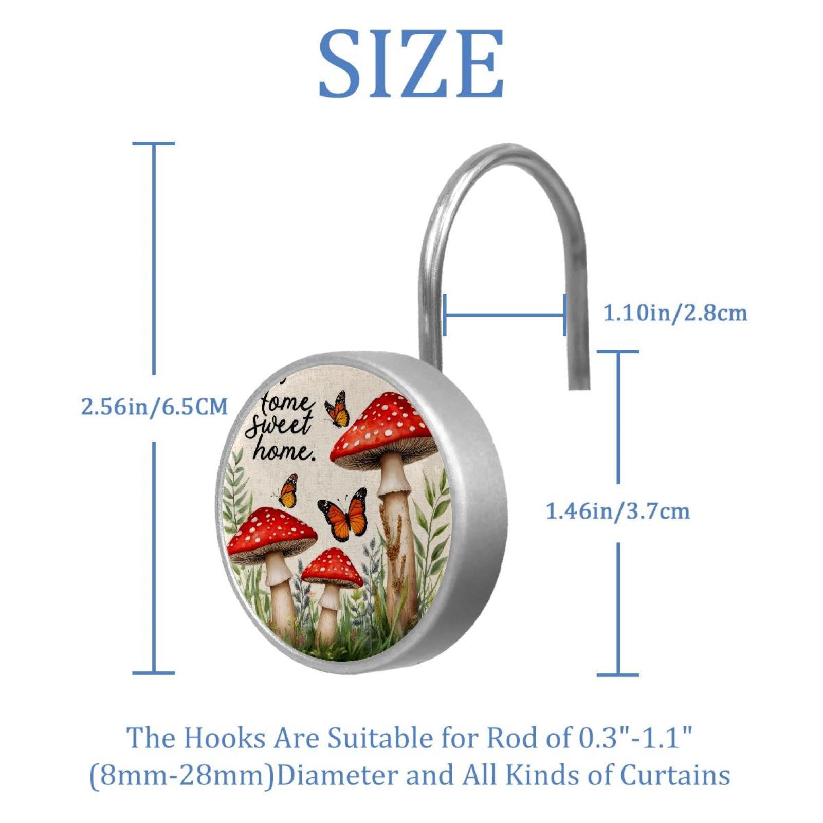 12pcs Glass Shower Curtain Hooks, Rust Resistant Decorative Shower Rings for Bathroom Living Room,Stainless Steel Hooks for Shower Curtain and Liner Rods (Mushroom Butterflies)