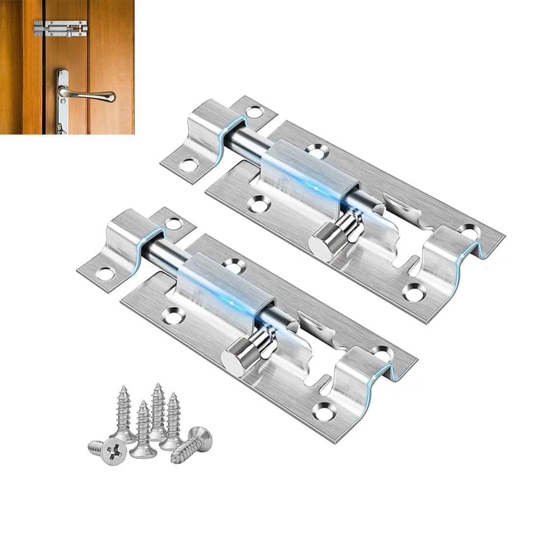 2 Pack Tower Bolt Silvery, Door Latch with Screws Tower Gate Bolts for Wooden Gates, Slide Bolt, Black Door Lock Bolt, Sliding Bolt Lock Or Garden Gate Bolt. 100mm (4”)