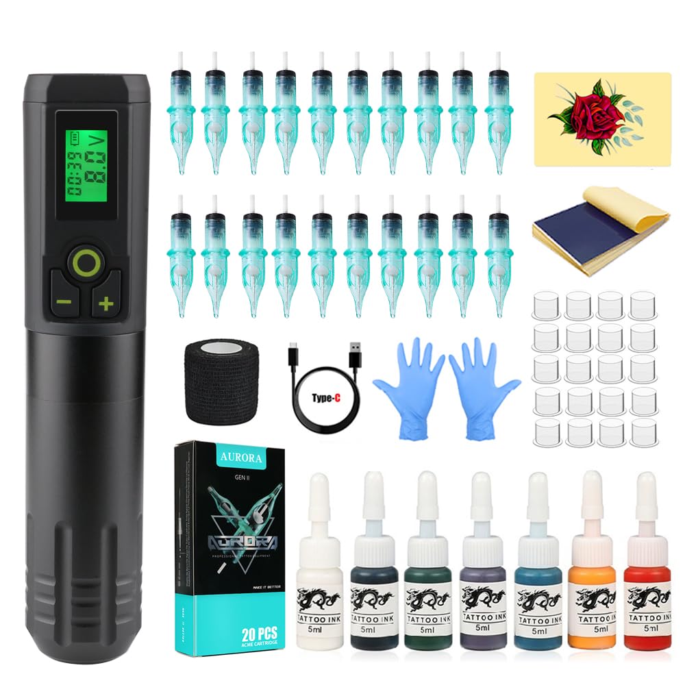 Wireless Tattoo Gun Kit Tattoo Kit Complete Wireless Rotaty Battery Pen Set 2000mAh Battery with 20pcs Cartridge Needles Tattoo Ink Set Accessories for Tattoo Aritsts Permanent Makeup