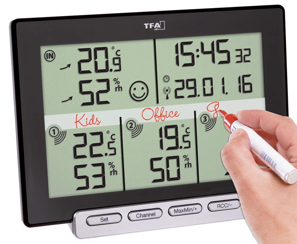 TFA Dostmann draadloze thermo-hygrometer MULTI-SENS, 30.3057.01, met 3 zenders, voor controle van binnen- en buitenklimaat, trendweergave, maximum- en minimumwaarden, zwart, (L)157 x (B)42 x (H)120 mm TFA Dostmann draadloze thermo-hygrometer MULTI-SENS, 30.3057.01, met 3 zenders, voor controle van binnen- en buitenklimaat, trendweergave, maximum- en minimumwaarden, zwart, (L)157 x (B)42 x (H)120 mm