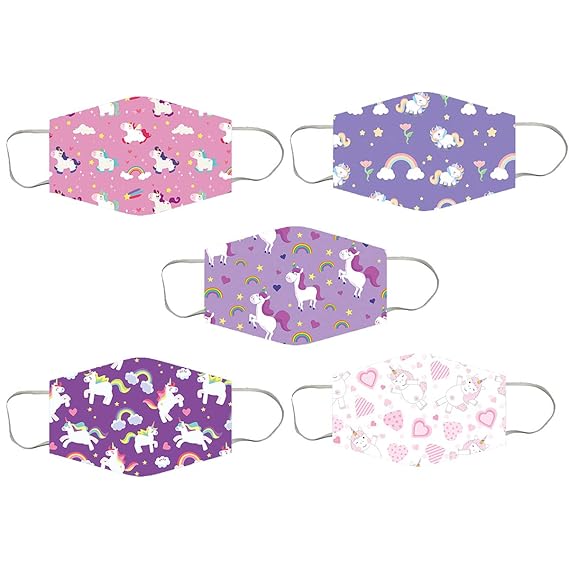 The cutians Pink & Purple Unicorns cartoon Anti pollution two layered face mask for kids - Set of 5 Face Maks - Face mask for children/Girls/Boys
