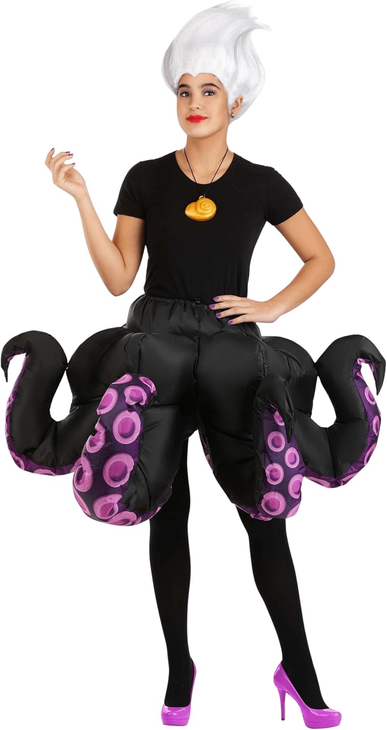Womens Disney Ursula Inflatable Costume | Adult Little Mermaid Villain Tentacle Short Skirt and Shell Necklace