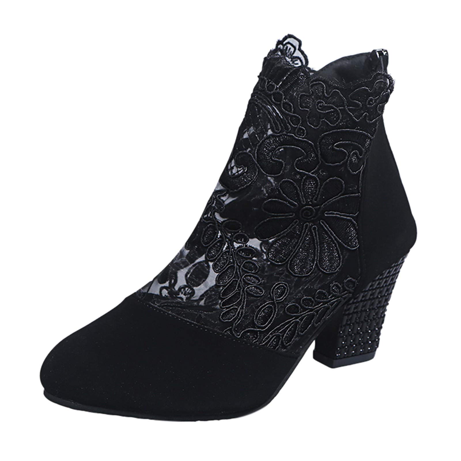 Generico Stivali da Donna in Tulle Vuoto Ricamato Stivaletti con Tacco Largo Corti Elegante Estivi in Pizzo Floreale con Giunzione con Cerniera