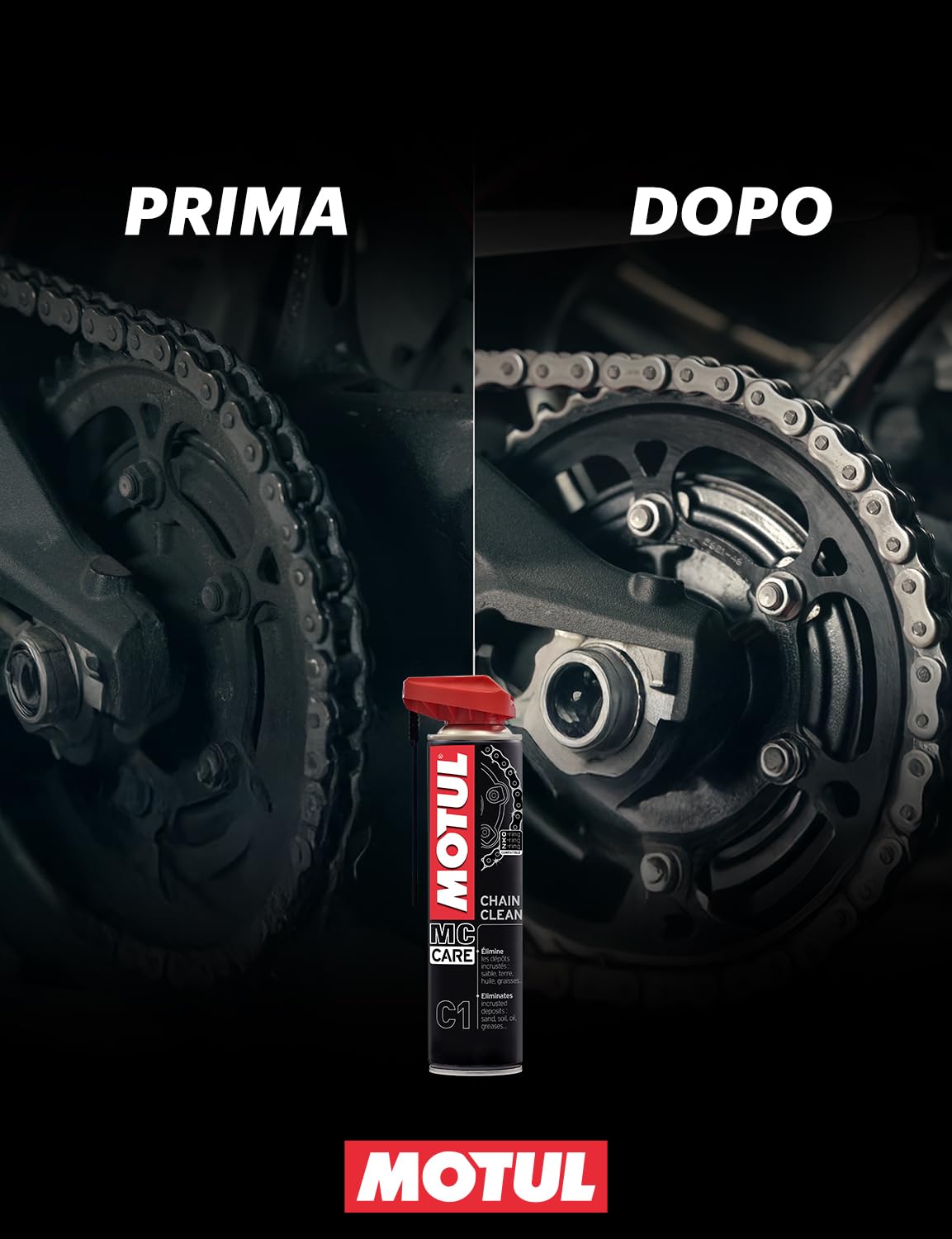 Motul - Spray Sgrassante per Catene di Moto - Sgrassante Molto Potente per Moto da Strada e Fuoristrada - Compatibile con O-Ring, X-Ring, Z-Ring - Evapora Rapidamente - MC Care Chain Clean C1-400 ml