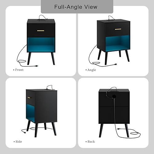 Miniatura 9 de Aobafuir Mesita de noche con estación de carga y luces LED, mesa auxiliar pequeña, mesita de noche con cajón, mesita de noche moderna, mesa auxiliar