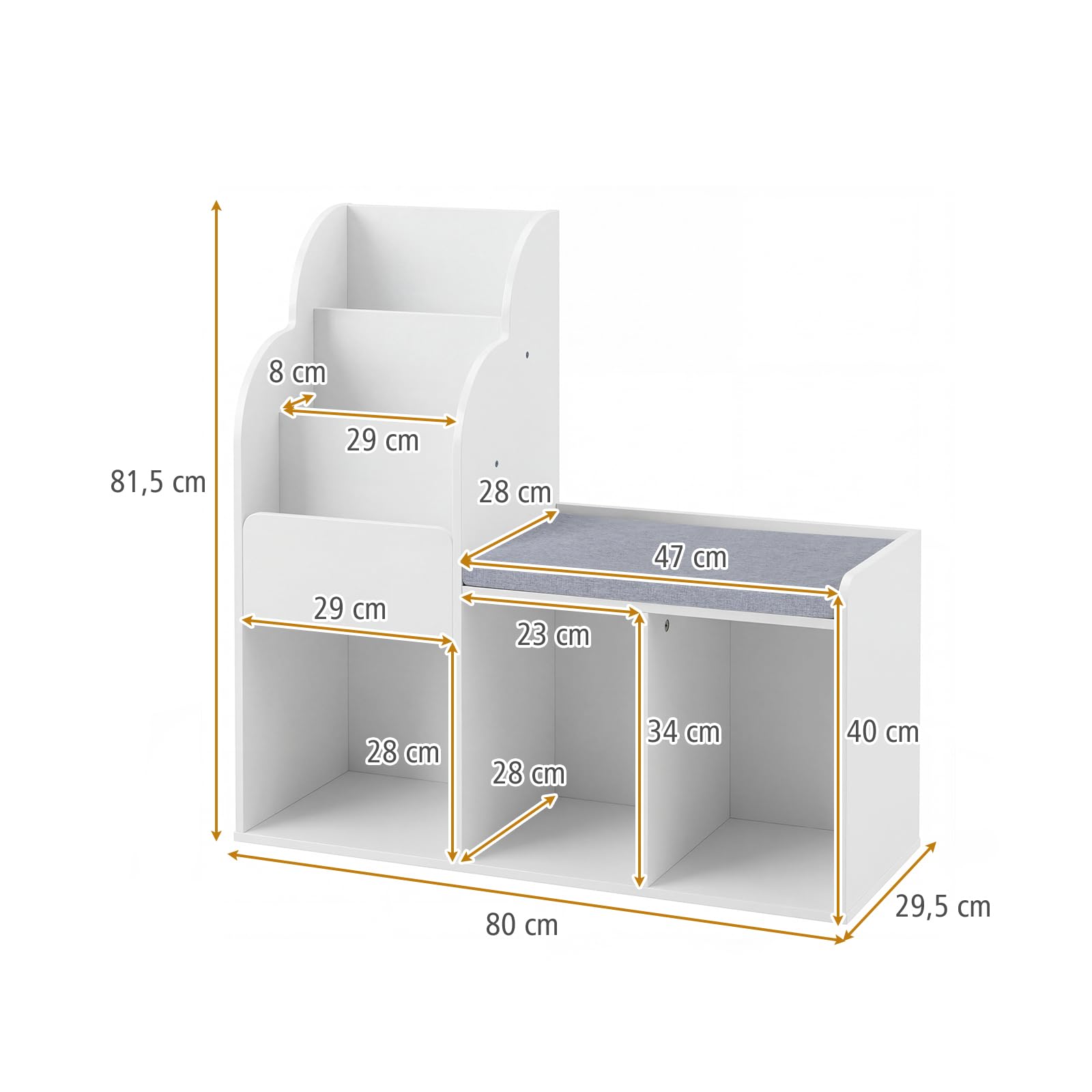 RELAX4LIFE Meuble de Rangement Enfant avec Banc de Lecture, Bibliothèque à 3 Niveaux et 6 Compartiments, Étagère à Livres avec Coussin Amovible pour Chambre d'enfant, Salon et Crèche