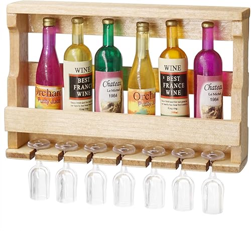 Odoria Estante miniatura para botellas de vino 1/12 con vasos, accesorios de decoración de casa de muñecas