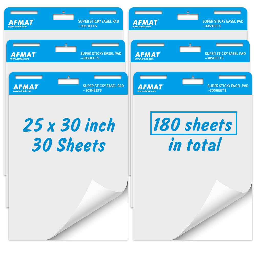 AFMAT Sticky Easel Pads, 6 Pads, Chart Paper for Teachers, Large Self Stick Flip Chart Paper, 25 x 30 Inches, 30 Sheets/Pad, Flip Chart Paper with Sticky Back