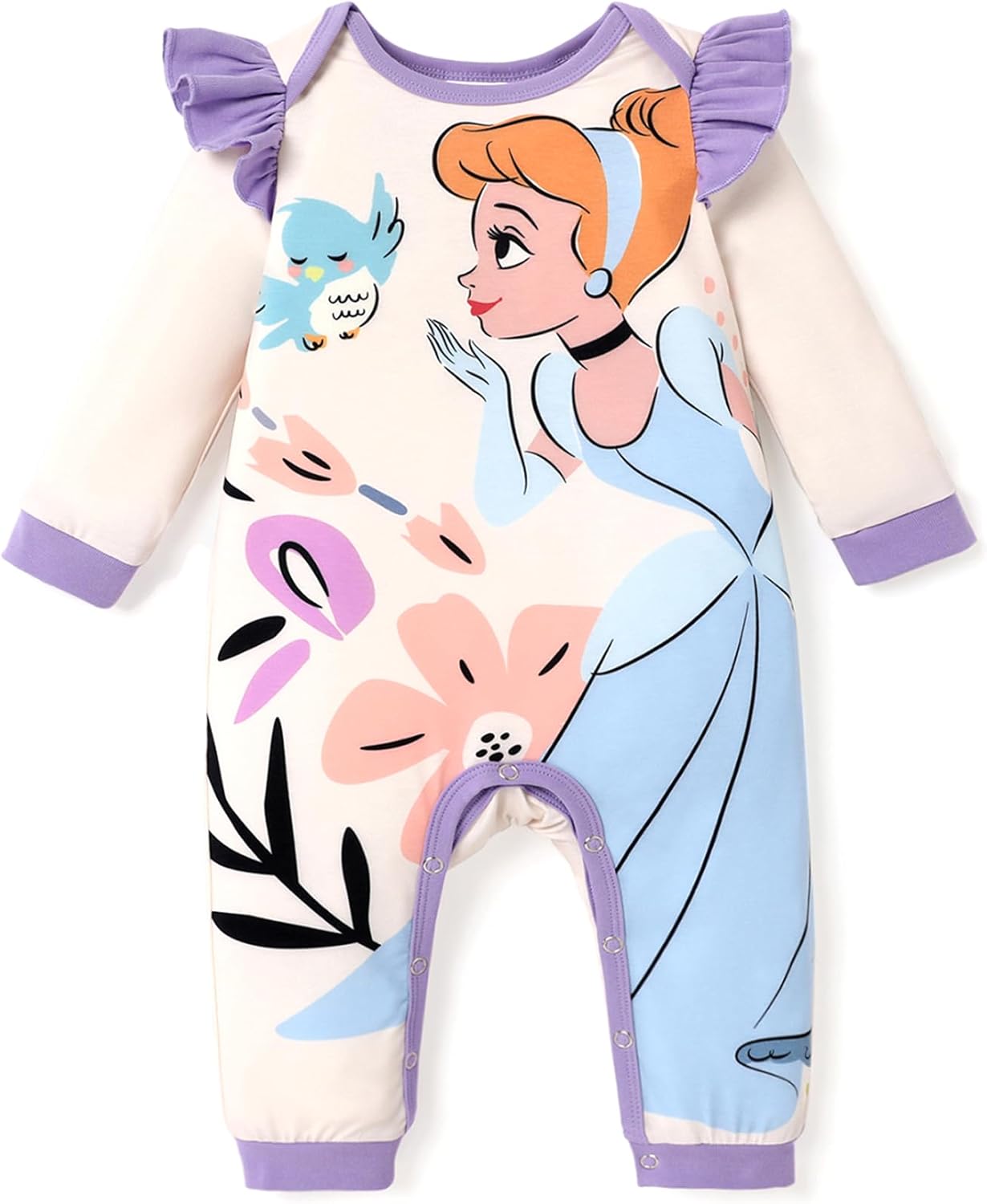Disney Stitch Princess Cinderella Ariel Minnie Winnie Baby Girls Ruffle Long Sleeve Romper Bodysuit for Newborn to Toddler