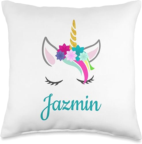 Jazmin Name Gift Girls Personalized Unicorn Bedroom Decor Throw Pillow