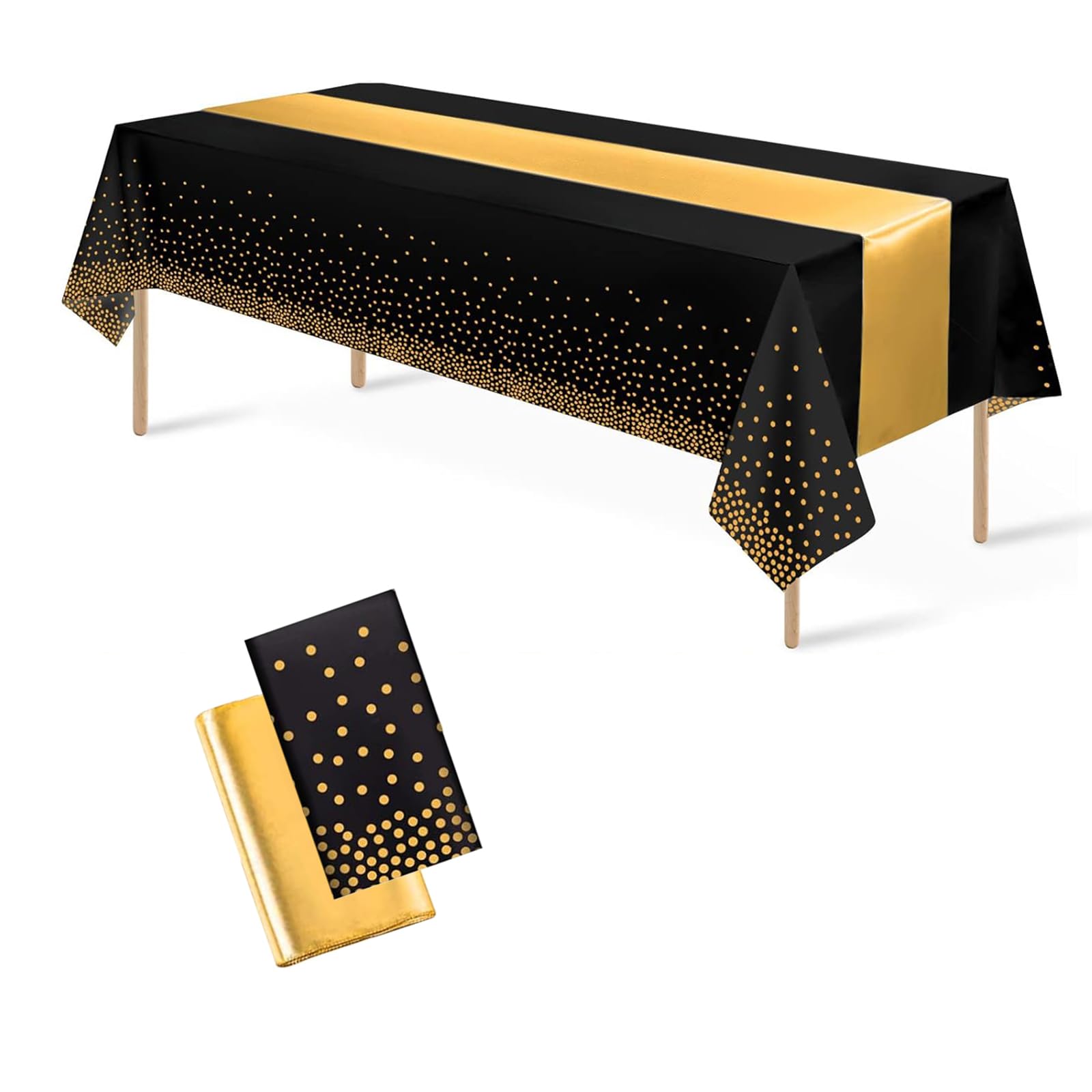 CAZSYSDD 2Pack Disposable Plastic Tablecloths 137 * 274 cm and Satin Table Runner,Party Table Cloths,Gold Dot Confetti Table Cover for Birthday, Engagement, Wedding (Black Gold+Gold TR, 1Pack)