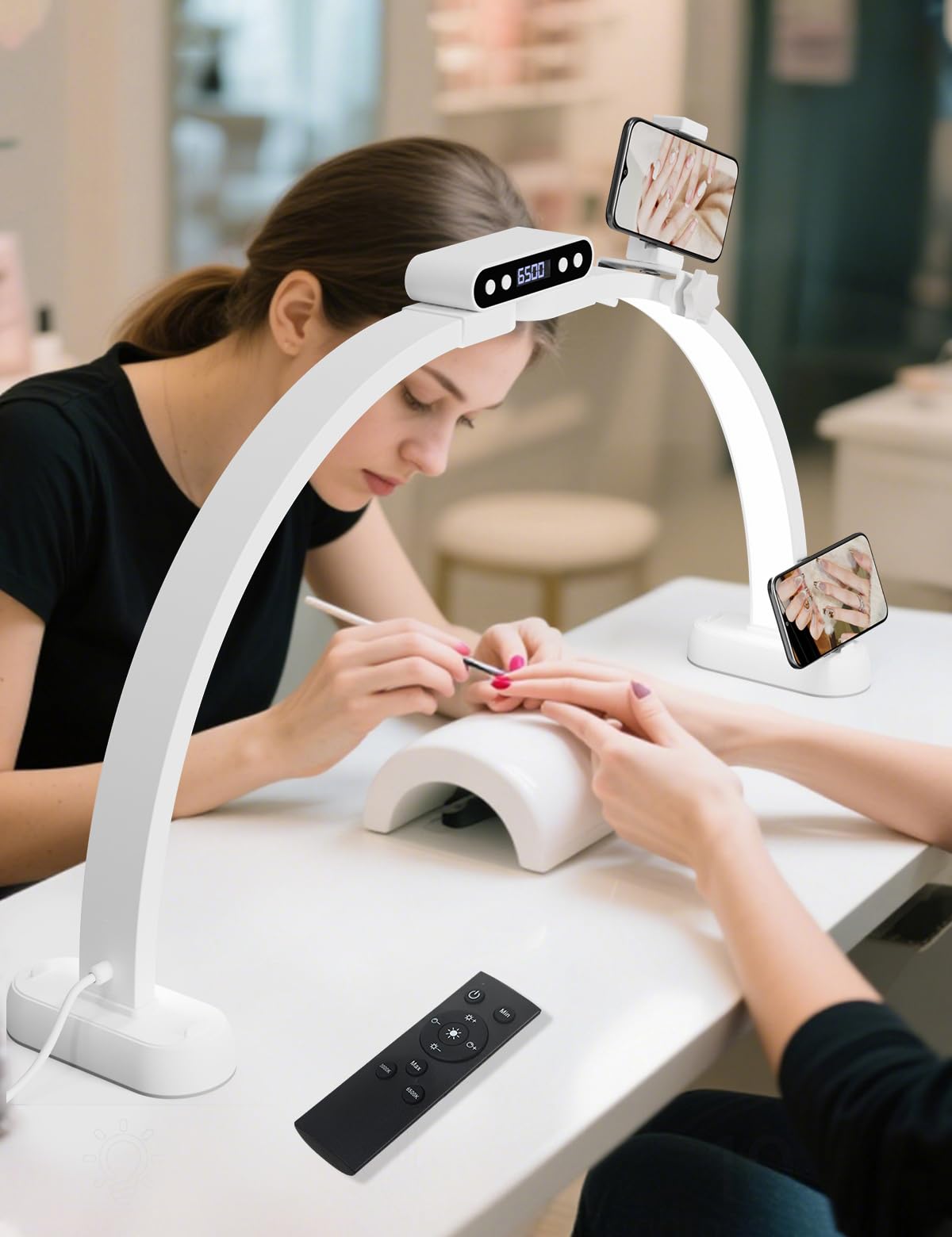 LANMOU Halbmond Lampe Nägel, 35W Lampe für Nageltisch mit Fernbedienung und Display, Dimmbar ＆ 3000K-6500K mit Handyhalter, Klappbar Für Nagelstudio, Maniküre & DIY