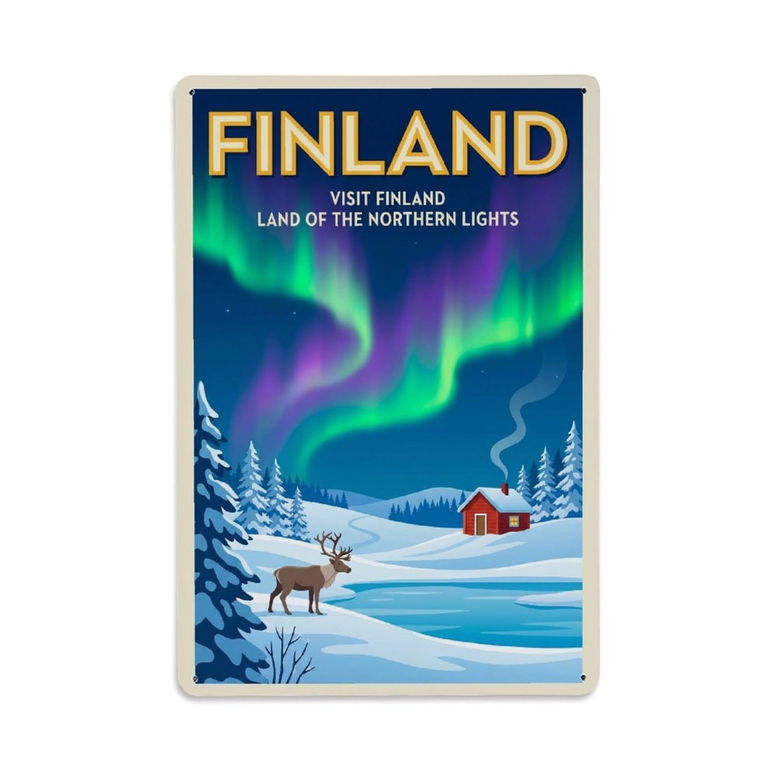 Olhnbad Style Finland Aurora Cabin Snow Travel Arctic Night Metal Tin Sign