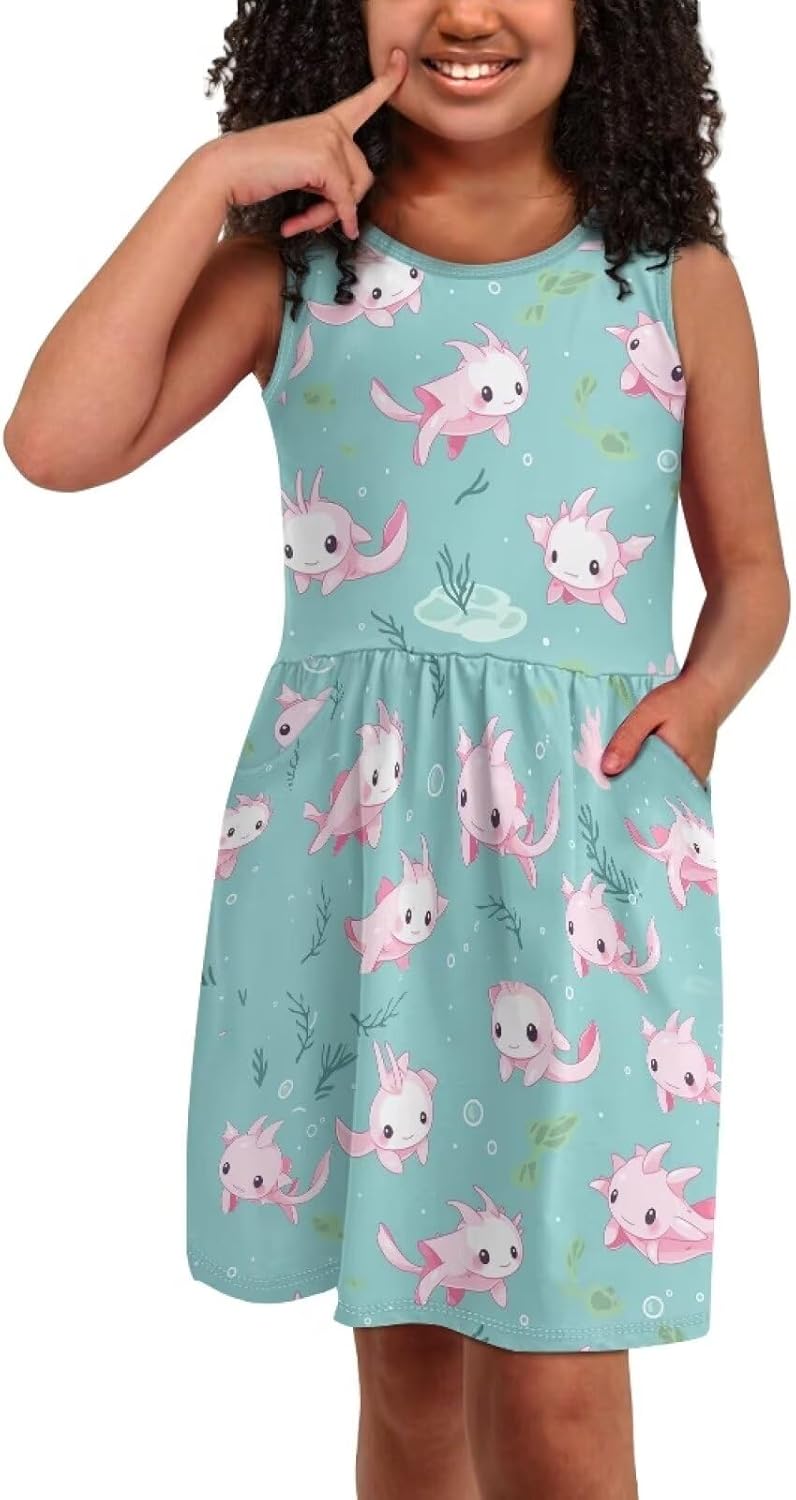 Flashideas Girls Dresses Round Neck Flared Skate Dress with Pockets Casual Dresses Soft Comfortable