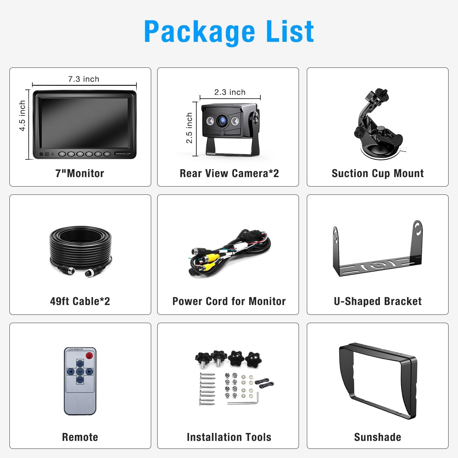 2 Wired Rear View Backup Camera System, 7" 1080P Monitor IP69K Waterproof Vibration-Proof 10G Reverse Camera, Dual Split Screen for Tractor, Truck, Trailer, Combine, Heavy Equipment, BH702