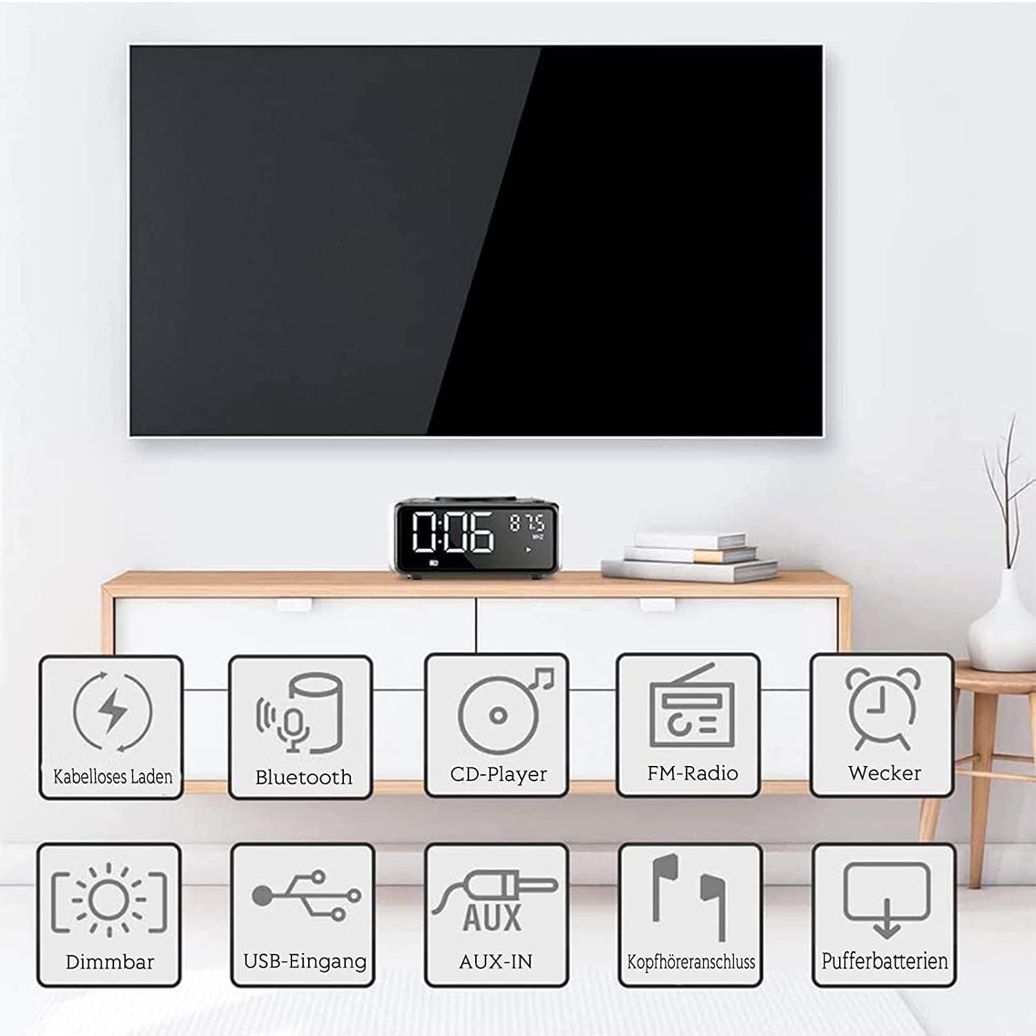 G Keni Radio mit CD Player (UKW Radio) | Radio mit Bluetooth - 10 Watt kabellose Ladegerät, Wecker Digital mit LED Display, 3.5mm AUX, Kopfhöreranschluss, USB Input (schwarz)