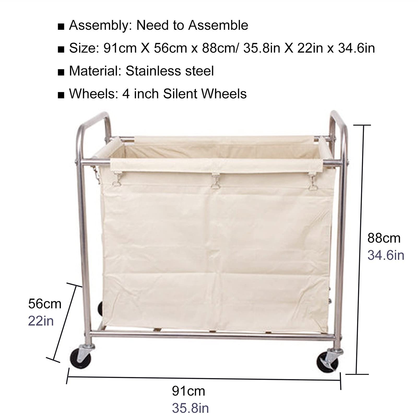 Bewegliche Trolleys, großer kommerzieller Wäschekorb auf Rollen, Leinen-Wäschesack, Wäschekorb mit Rollen und Griff, rollender Wäschekorb, 180 kg Tragkraft, Beige (Beige)