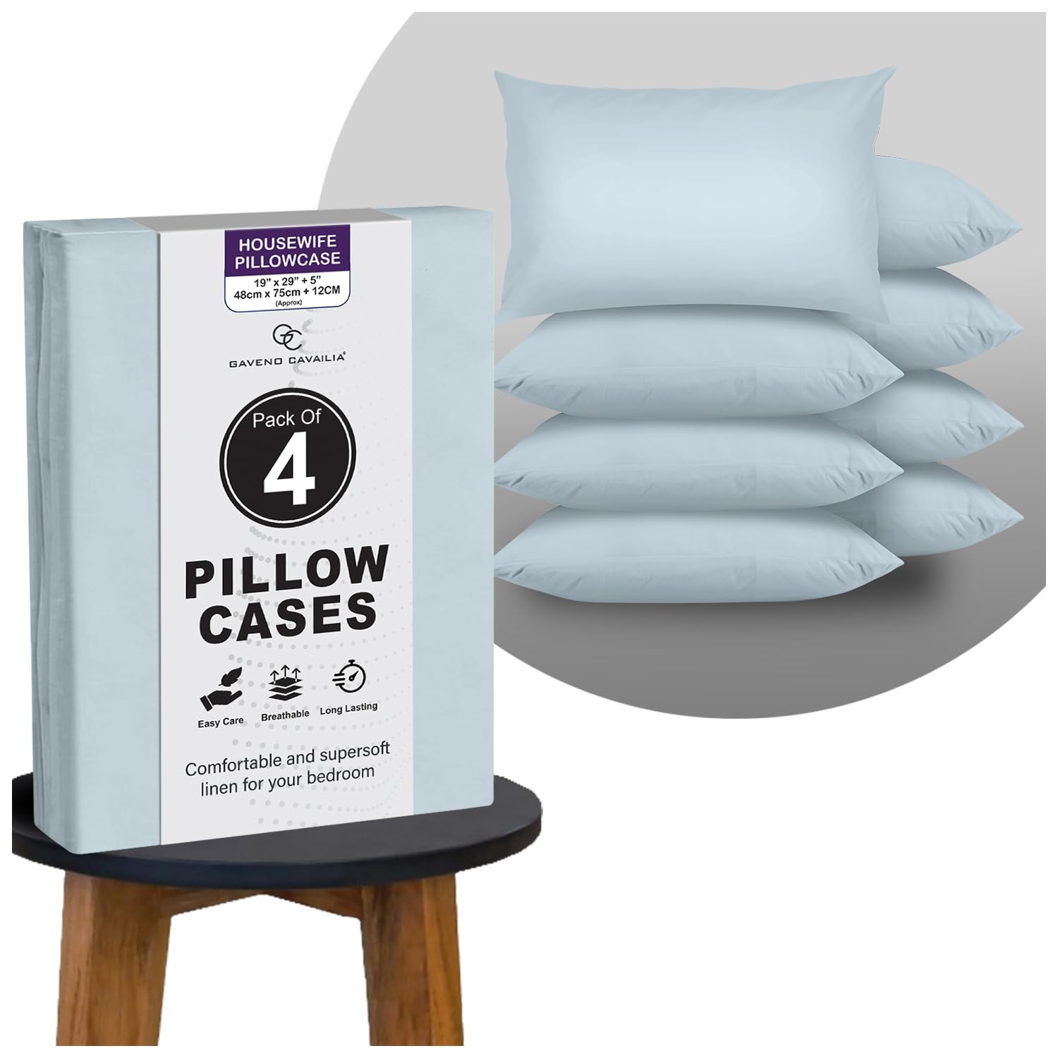 GC GAVENO CAVAILIA Plain Pillow Cases 4 Pack | Breathable, Wrinkle, Soft Touch Polycotton Bedding Pillowcases | Hotel Quality Hypoallergenic Pillow Covers Envelope Closure 74x48 Cm, Sky Blue — image 1