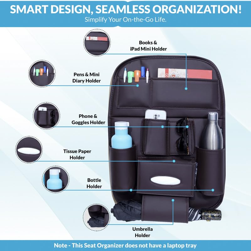 NEODRIFT 'Seat Master Lite' Premium 7D Car Seat Organizer, Universal Fit, Multi-Pocket Storage for Bottles, Mobile, Keys, Documents, Tissues (Color: Coffee) (Set of 2) - Image 2 thumbnail