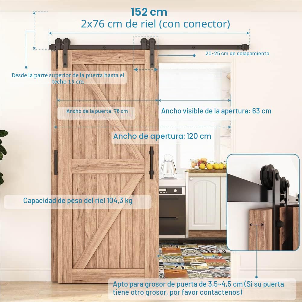 WINSOON 5FT/150cm Puerta Corredera Herrajes Puertas Correderas Kit para Doble Bypass Guia Puertas Correderas Plegable de Interior, Forma I, Puertas no incluidas