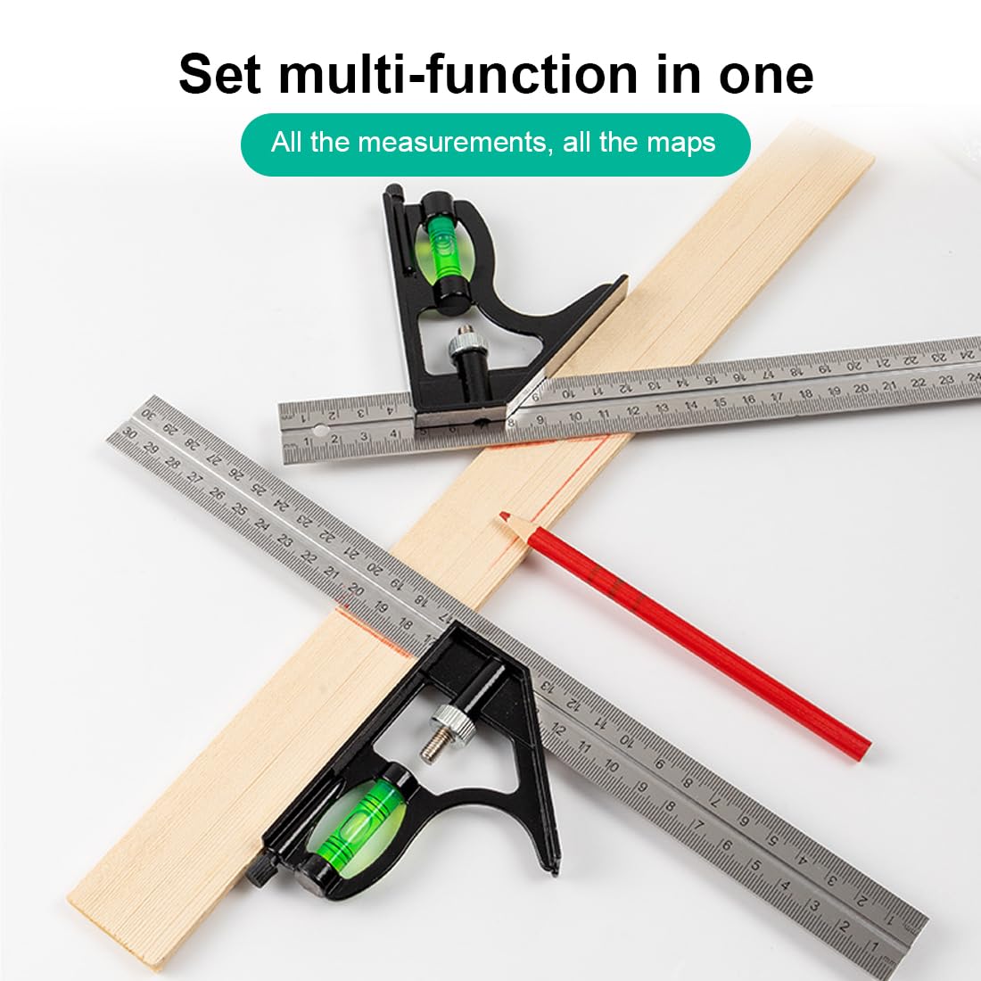 IKOPFLN Squadra Combinata Regolabile Utensili da Carpenteria Quadrati Combinati in Acciaio Inossidabile da 12 '/300 mm Righello da 45/90 Gradi con Livella a Bolla