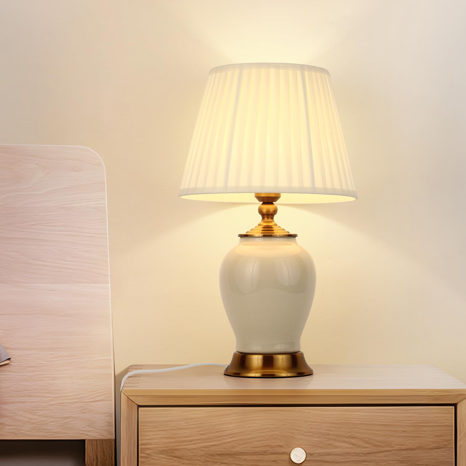 Lampada Da Tavolo E27 Lampade Da Comodino Moderne, Lampada Da Scrivania In Tessuto Bianco Paralume, Lampada Da Letto In Ceramica Decorazione Della Camera Da Letto Lampada Da Lettura, Bianco