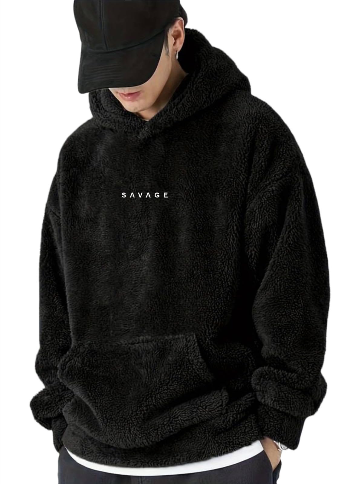 BE SAVAGE Savage Printed Sherpa Woolen Drop Shoulder Oversized Baggy || Hooded Neck Hoodie For Men's