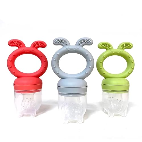 Chupete de silicona sin BPA para dentición de frutas frescas con tres tamaños diferentes de pezón, tapa de chupete y funda protectora en rosa, gris