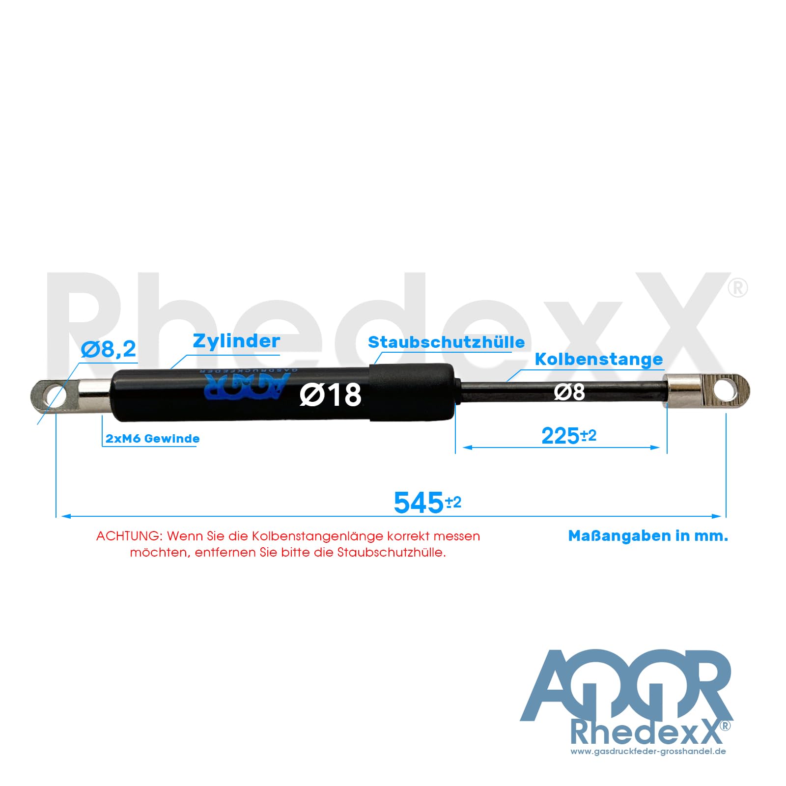 Muelle de gas con ojo articulado M6 545 mm/225 mm/50N-800N, amortiguador de presión de gas ocular longitud 545 mm, carrera de 225 mm, potencia: 50N-800N (545/225/400N)