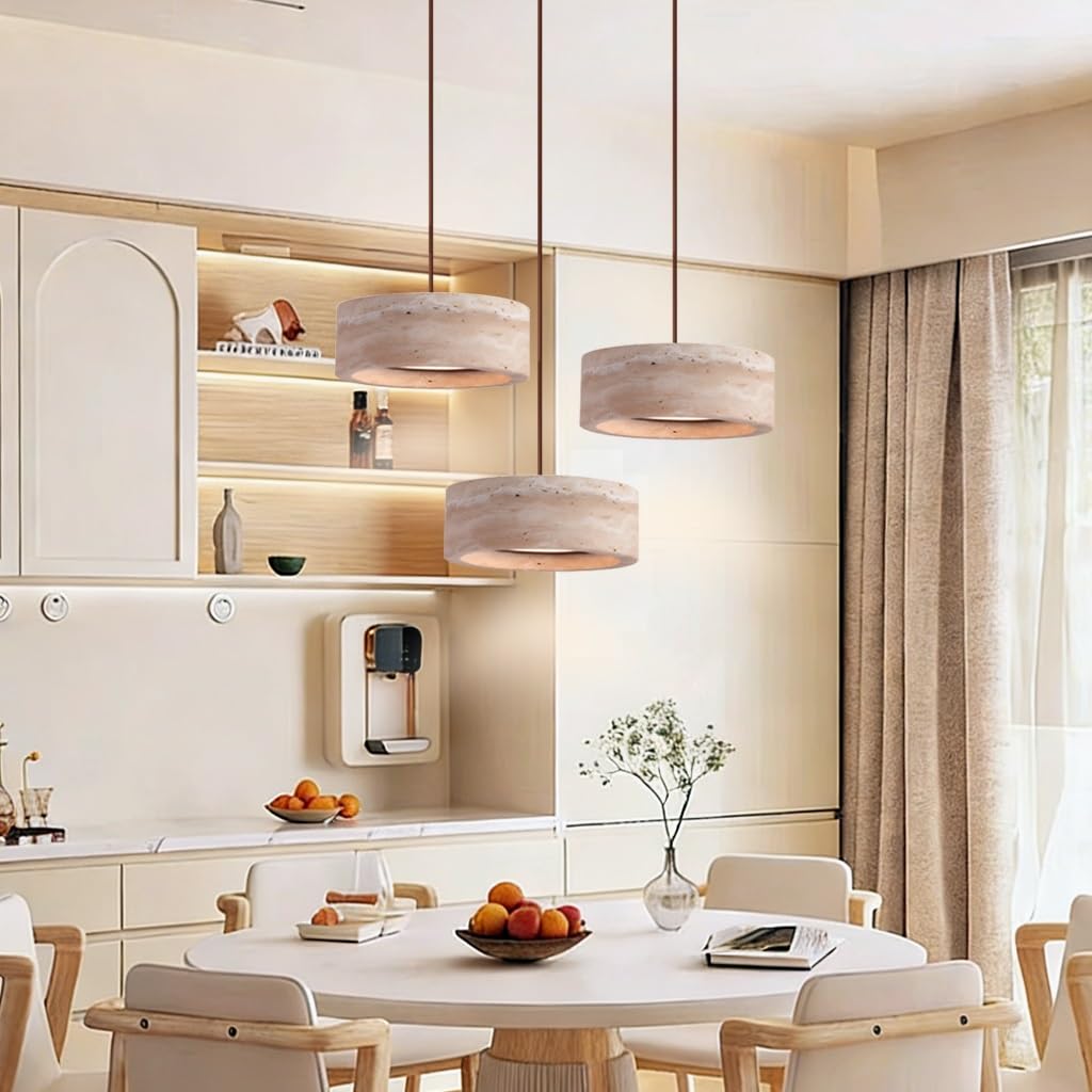 Moderne Gelbe Travertin Pendelleuchte Nordische Naturstein Hängelampe In Zylindrischer Form LED Holz Deckenleuchte Wabi-Sabi-Stil Geeignet Für Schlafzimmer Esszimmer Kücheninsel Wohnzimmer(A2)