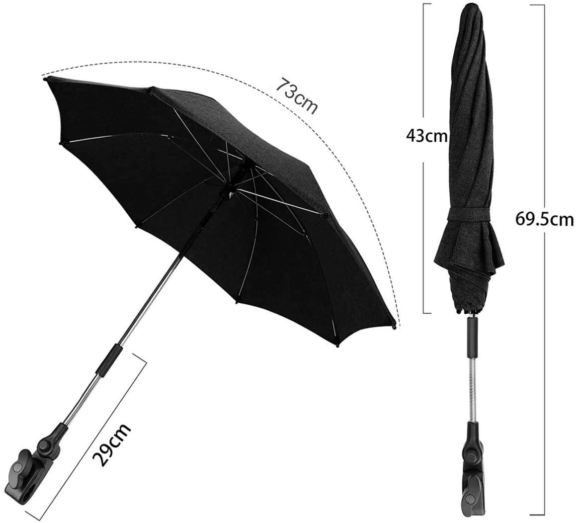 RIOGOO Uniwersalny parasol do wózka dziecięcego, 50+, UV, ochrona przed słońcem, z uchwytem parasola, czarny