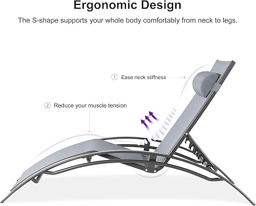 Miniatura 34 de PURPLE LEAF Juego de tumbona para patio, sillón al aire libre, playa, piscina, tumbona para tomar el sol, tumbona reclinable, sillas de bronceado