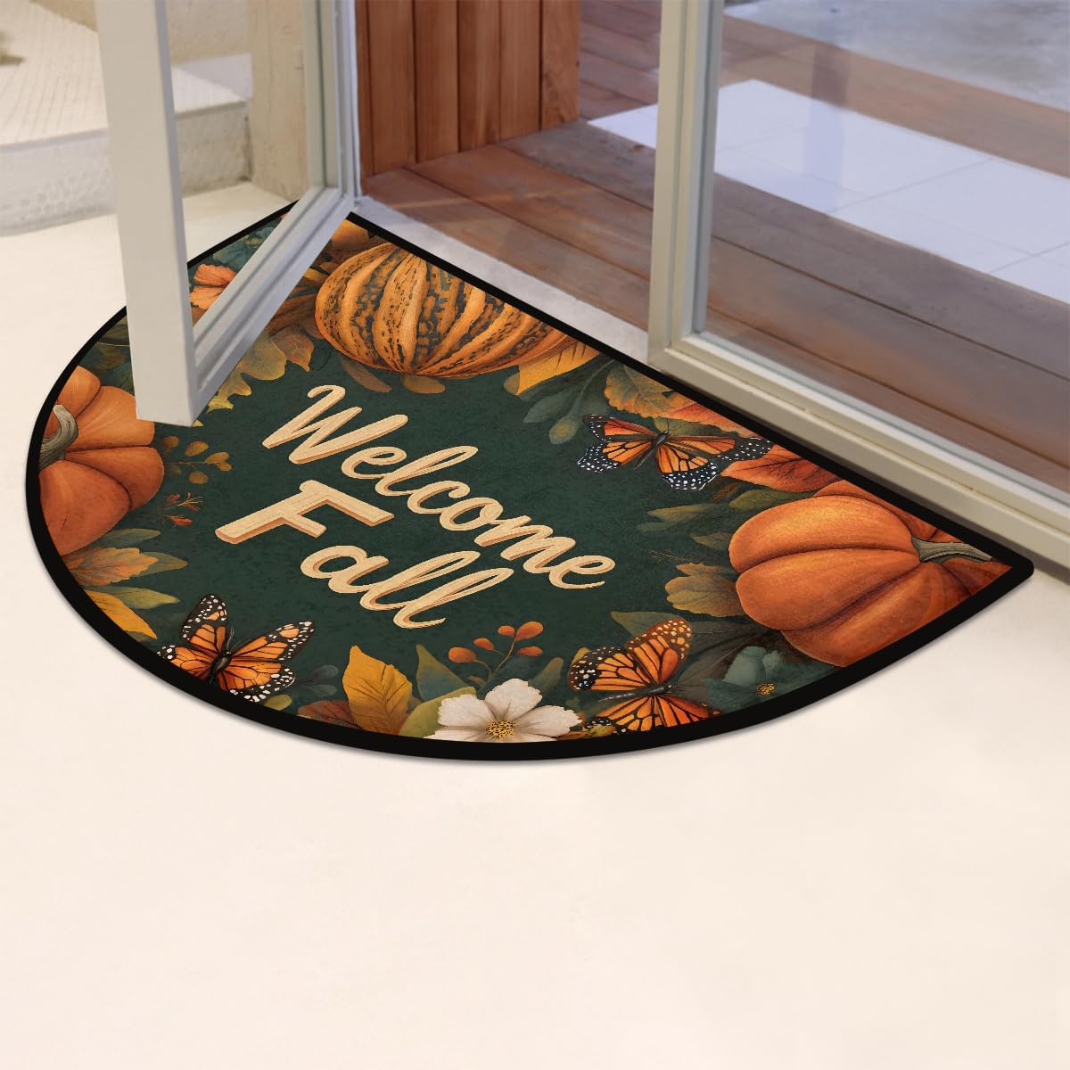 Autumn Pumpkin Letter Decoration Half Round Door Mat Non Slip Washable Semi Circle Area Rug Absorbent Soft Half Moon Rug Floor Mat for Indoor Outdoor Kitchen Bathroom Patio Front Door Mat Decor