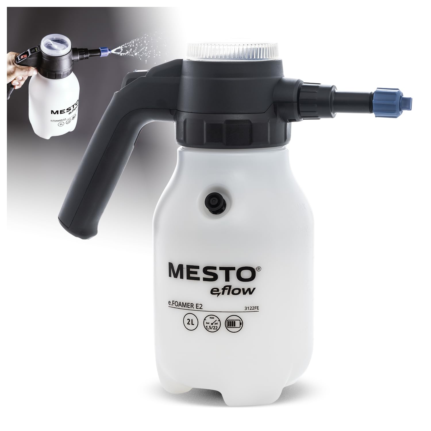 MESTO e.FOAMER E2 Akku-Schaumsprüher 2 L | Elektrischer Schaumsprüher für Auto & Reinigung | Foam Sprayer 1,5 Bar | Schaum Sprühflasche für leicht alkalische Flüssigkeiten & Laugen | inkl. USB-C Kabel