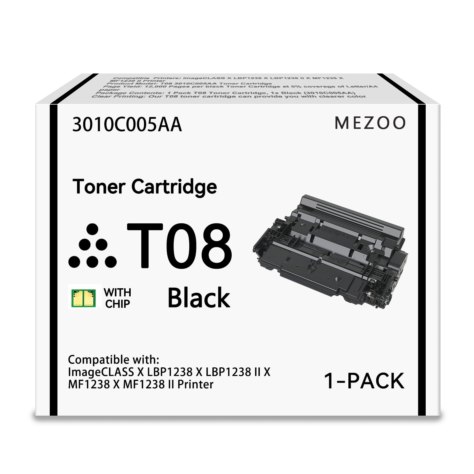 MEZOO T08 Black Toner Cartridge High Capacity Replacement for Canon T08 T08L 3010C005AA Toner Cartridge Compatible for Canon ImageCLASS X LBP1238 X LBP1238 II X MF1238 X MF1238 II Printer (1-Pack)