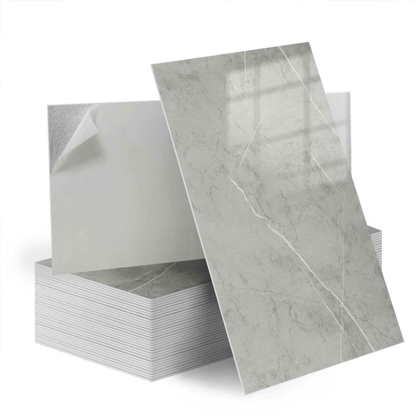 Tarwanear 50Pcs Marble Tile Stickers,Self Adhesive Wall Tiles Waterproof 60 x 30cm, Peel and Stick on Wall Vinyl Tiles Waterproof for Bathroom Kitchen Backsplash Living Room,Marble Grey — image 1