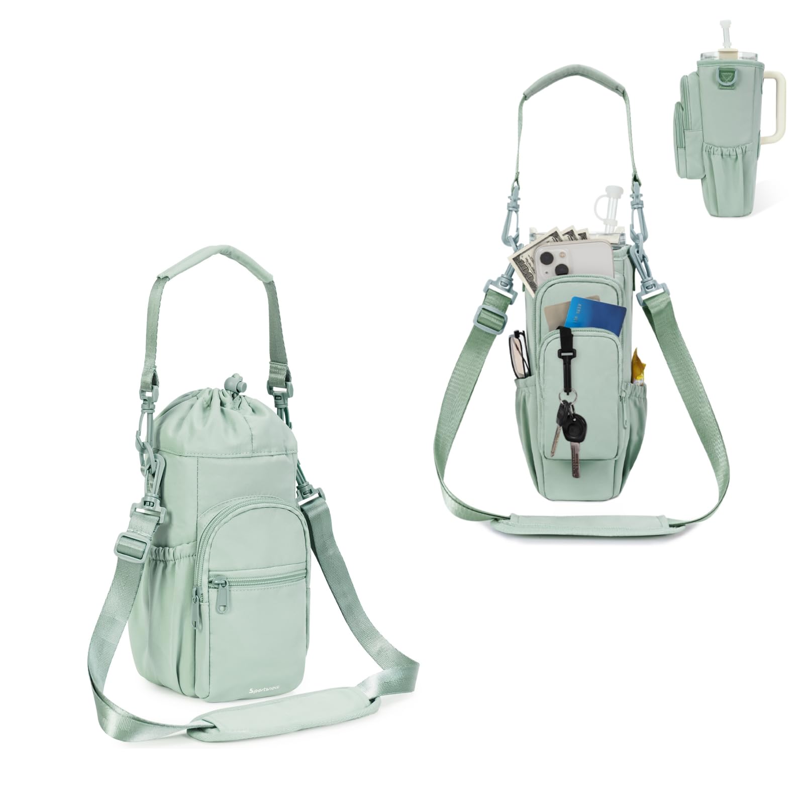 sportsnewWater Bottle Holder with Strap 32oz 40oz Insulated Water Bottle Carrier Sling Bag, Green & Water Bottle Carrier Bag for Stanley Cup Accessories, Green, Patent Pending