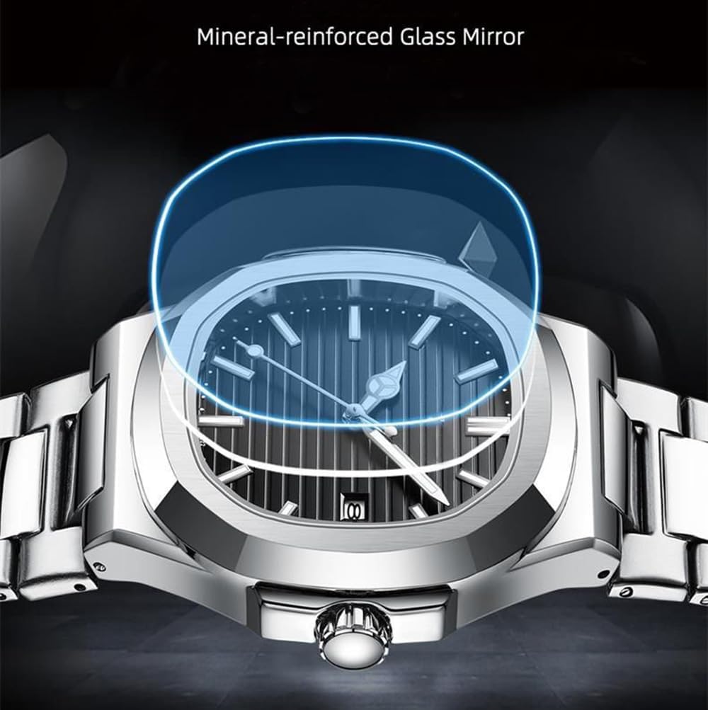 ADSBIAOYE Men's Classic Square Watch Silver Stainless Steel Watch Analog Quartz with Date Luminous Hands Waterproof Business Casual Watches for Men