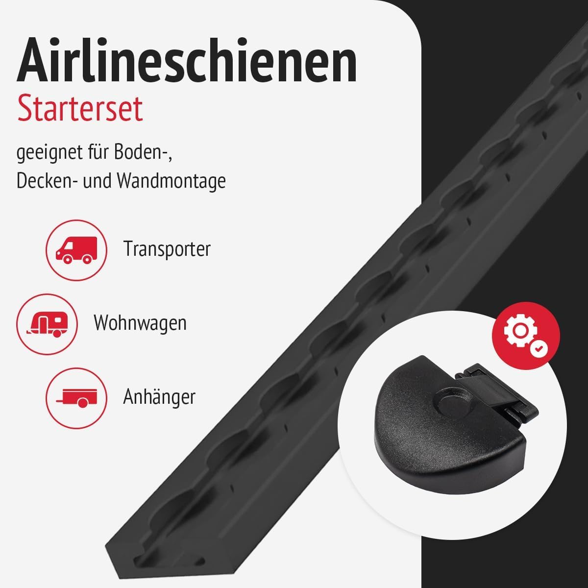 Airlineschienen mit Endkappen und Fittingen, 1.0 m, schwarz KTL-beschichteten, gebohrt, eckig, 34 x 9,6 mm | Zurrschiene | für Transporter, Wohnwagen, Sprinter (Starterset 2.3)