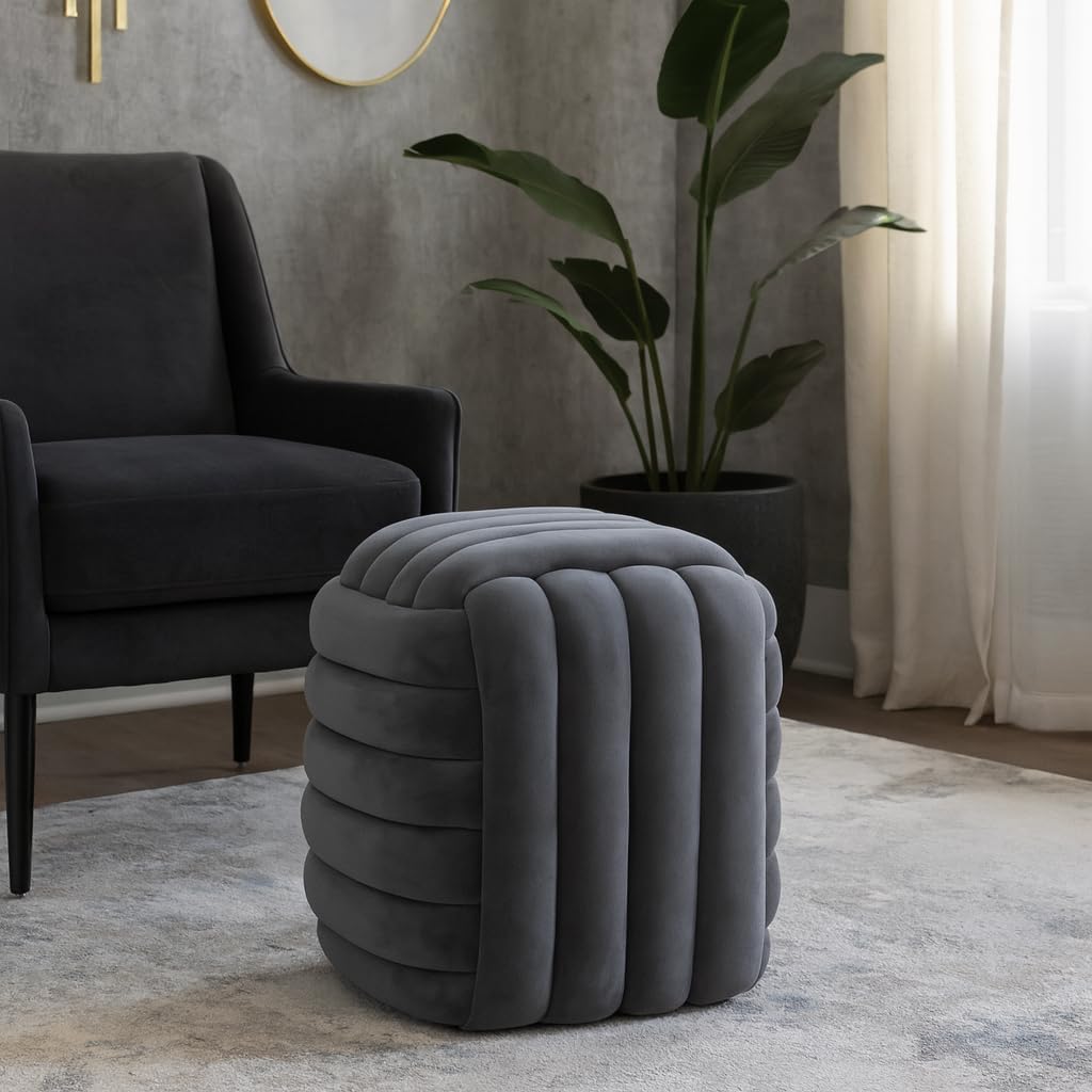 Home Decor Vanity Chair Ottoman – Bedroom Stool and Foot Rest Ottoman Display – Stylish Gray Upholstered Seat for Comfort Living Room Furniture and Modern or Traditional Home Décor - 19", Gray