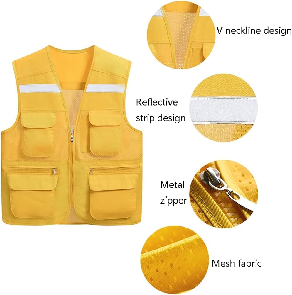 Chaleco de Seguridad de Malla con Bolsillo, Chaleco Reflectante de Alta Visibilidad Nocturno con Cremallera, Hombres y Mujeres Que montan Corriendo Equipo Ligero de Seguridad, Amarillo, 22 p