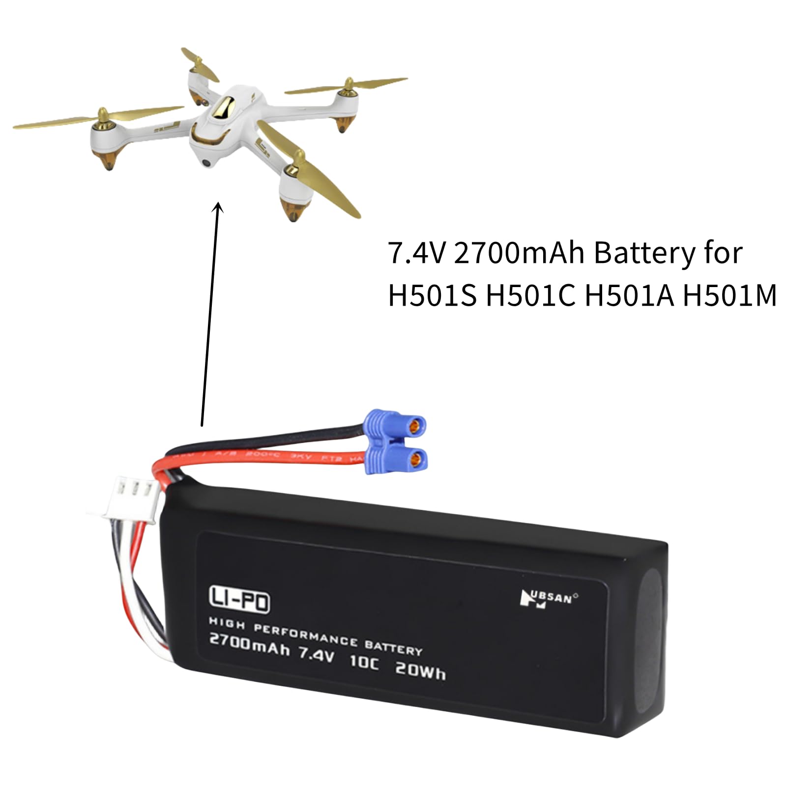 Batería de 7,4 V 2700 mAh 20 Wh 10 C para Hubsan X4 H501S H501C H501A H501M Quad Accesorios Drone Batería (2 unidades)