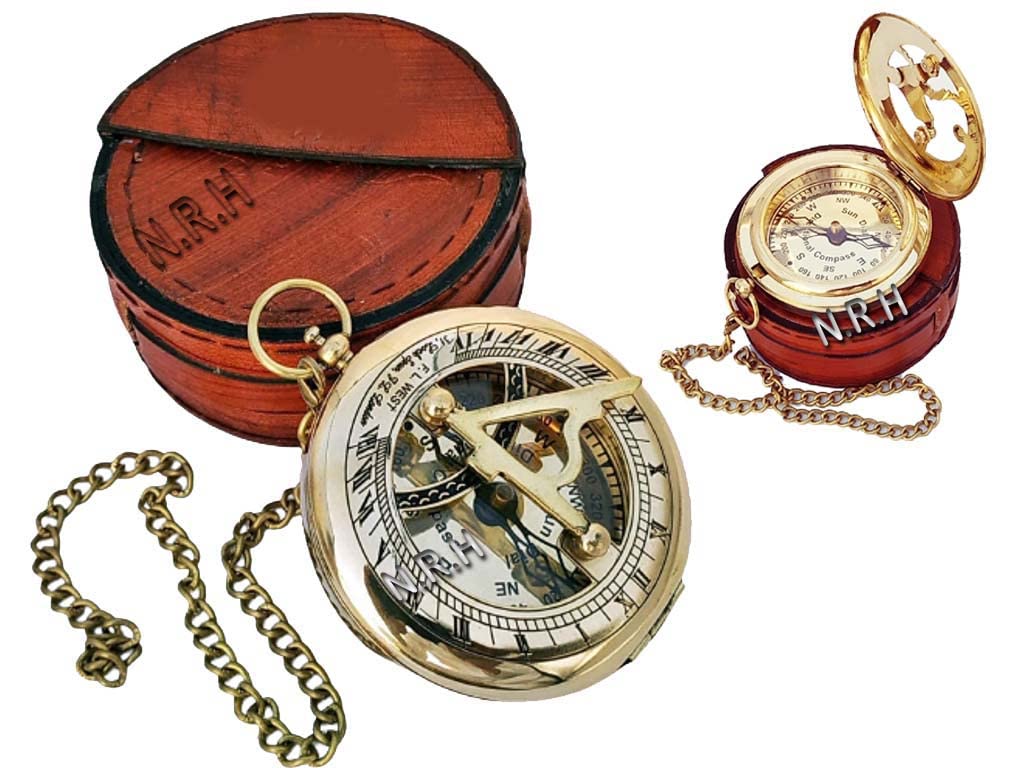 Handmade Brass Push Open Compass On Chain with Leather Case, Pocket Compass Gift