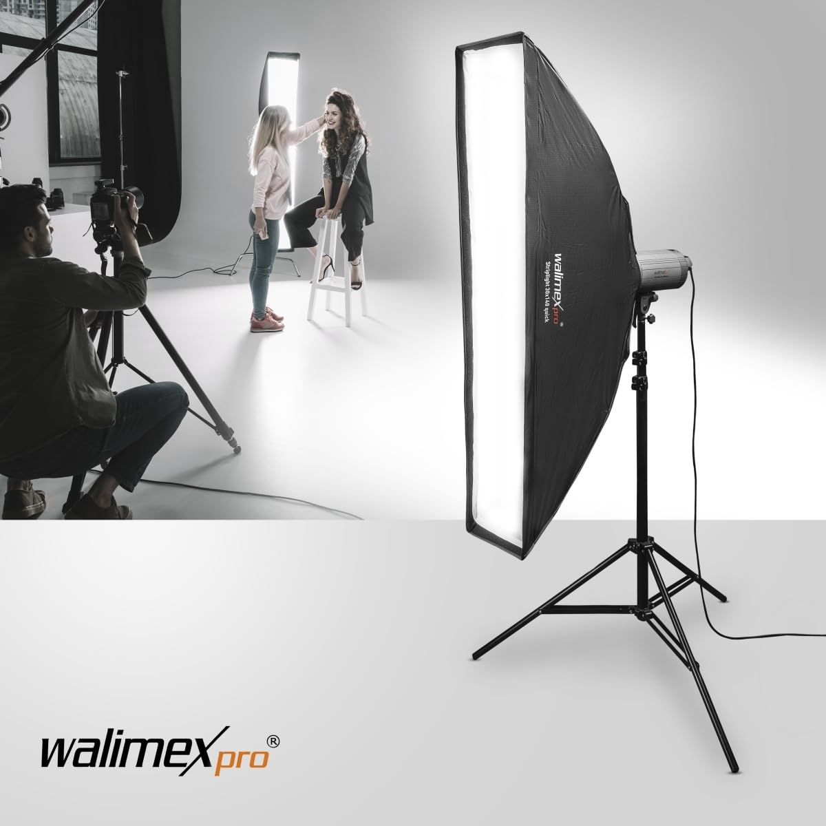 Walimex pro Studio Line Striplight SB QA pour Elinchrom - Boîte à lumière - Surface : 30 x 140 cm - Profondeur : 49,5 cm - Pliable - Avec grille, diffuseur intérieur et extérieur - Anneau de vitesse -