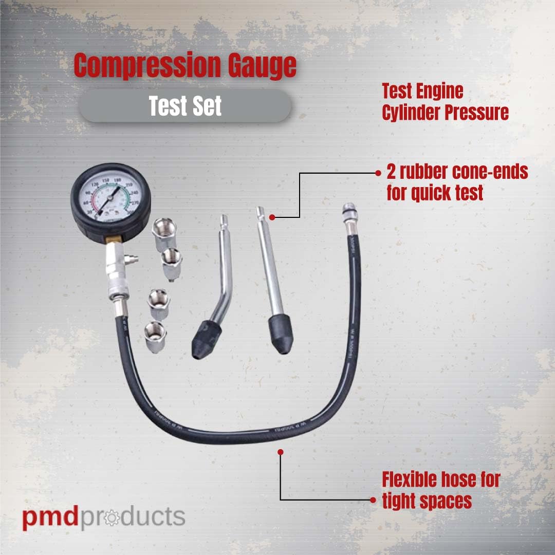 Engine Compression Tester Kit – PMD Products, Small Engine Diagnostics with 10MM, 12MM, 14MM, 18MM Spark Plug Adapters, Dual-Scale 0-300 PSI Gauge for Motorcycles, Cars, and More