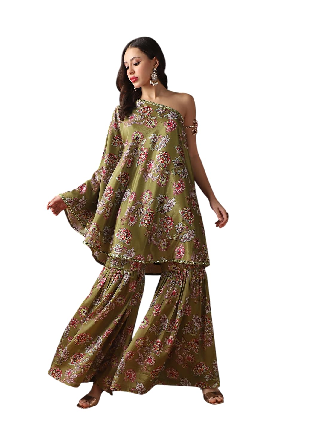 Women Floral Print Mirror Detail One Shoulder Bell Sleeves Top & Sharara Festive Co-Ord Set-image-24