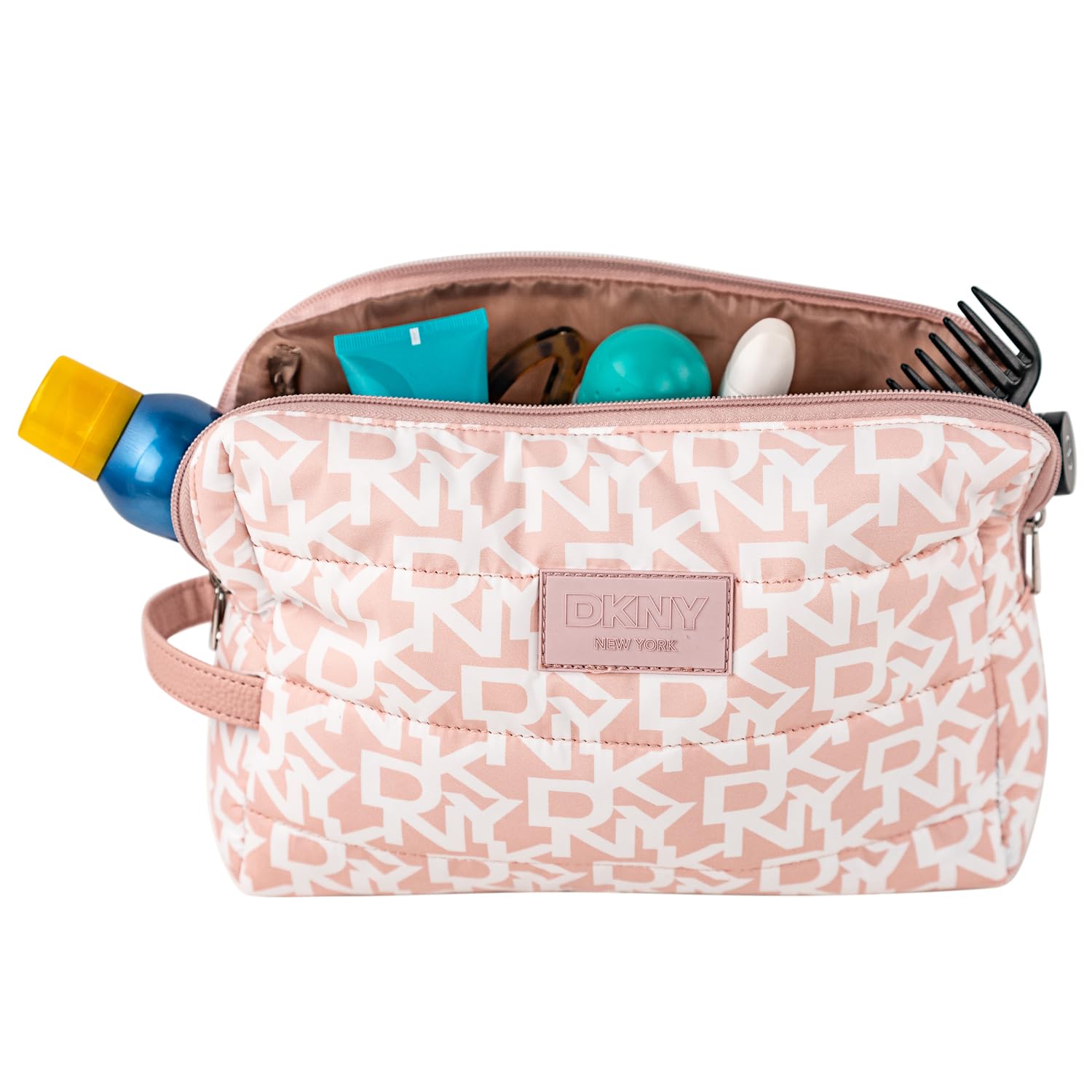 DKNY - Neceser Viaje Grande Mujer Bolsa Aseo Mujer Plegable Impermeable con Compartimentos Organizadores para Cosméticos y Accesorios de Higiene, Rosa empolvado