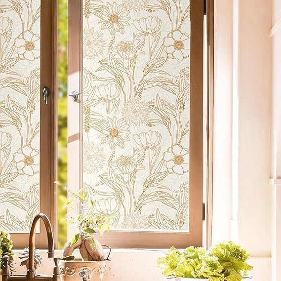 Boho Brown Orange Yellow Vintage Flowers Window Films Decorative Double-Side Privacy Film...
